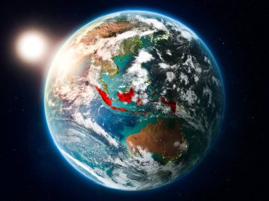 Günbatımı red Planet Earth bulutlar ve görünür ülke sınırları ile vurgulanmış Endonezya yukarıda. 3D çizim. Nasa tarafından döşenmiş bu görüntü unsurları.