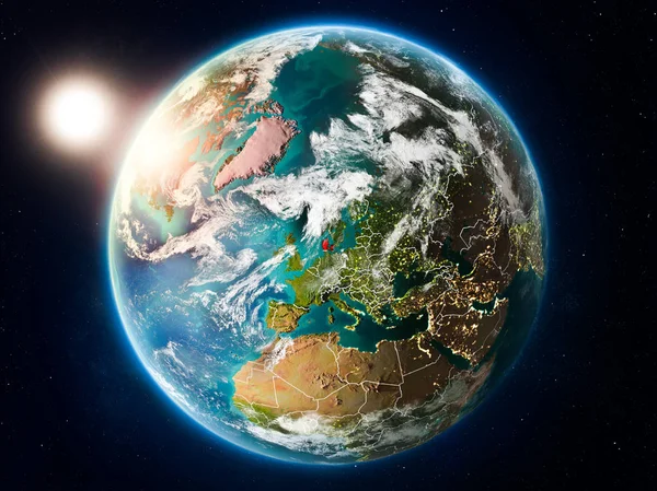 Solnedgången Över Danmark Rött Planeten Jorden Med Moln Och Synliga — Stockfoto