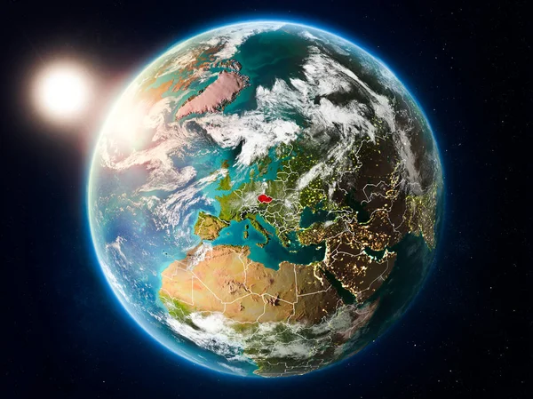 Захід Сонця Над Чехії Виділено Червоним Кольором Планеті Земля Хмар — стокове фото