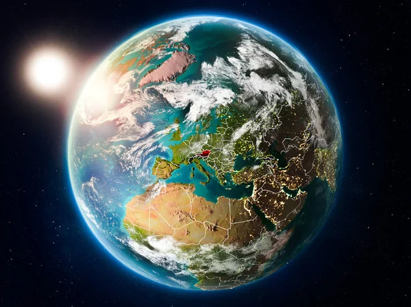 Solnedgången Över Österrike Rött Planeten Jorden Med Moln Och Synliga — Stockfoto