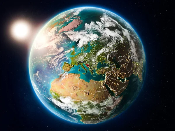Zonsondergang Boven Bosnië Herzegovina Gemarkeerd Het Rood Planeet Aarde Met — Stockfoto