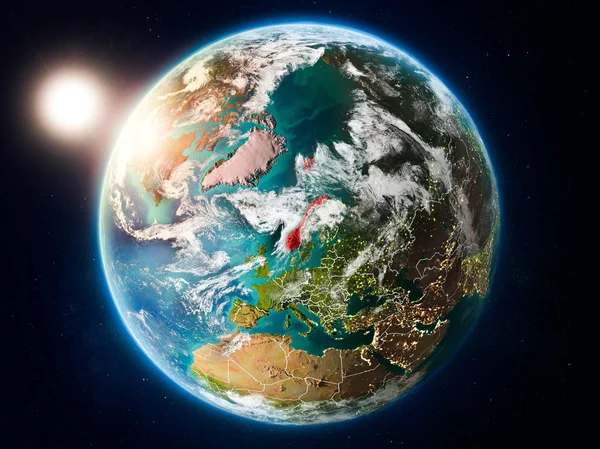 Pôr Sol Acima Noruega Destacado Vermelho Planeta Terra Com Nuvens — Fotografia de Stock