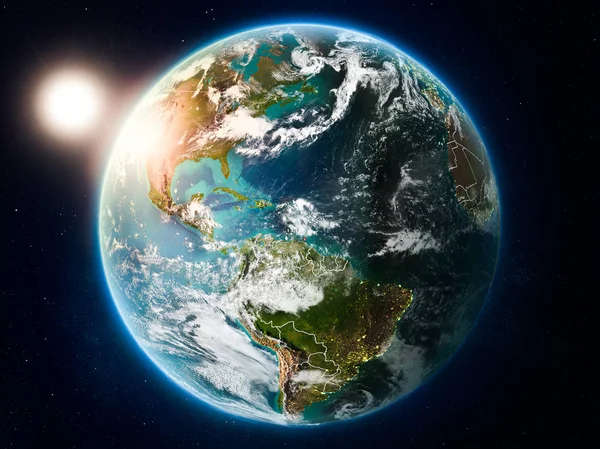 Pôr Sol Acima Caribe Destacado Vermelho Planeta Terra Com Nuvens — Fotografia de Stock