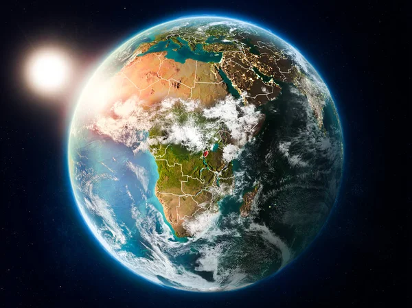 Pôr Sol Acima Burundi Destacado Vermelho Planeta Terra Com Nuvens — Fotografia de Stock