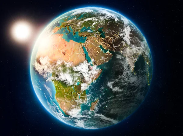 Pôr Sol Acima Djibuti Destacado Vermelho Planeta Terra Com Nuvens — Fotografia de Stock