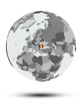 Romanya ile bayrak beyaz arka plan üzerinde izole gölge ile dünya üzerinde. 3D çizim.