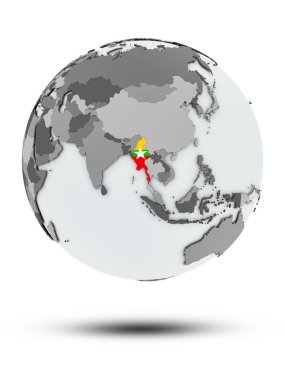 Myanmar bayrağı ile gölge beyaz arka plan üzerinde izole küre ile. 3D çizim.