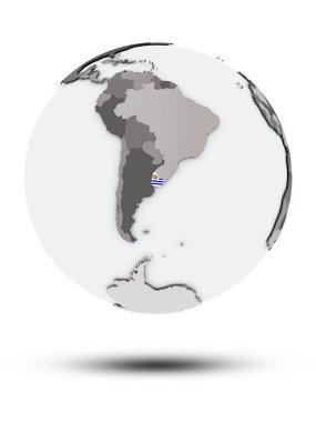 Uruguay ile bayrak beyaz arka plan üzerinde izole gölge ile dünya üzerinde. 3D çizim.