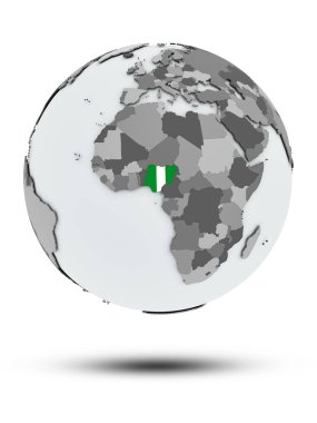 Nijerya ile bayrak beyaz arka plan üzerinde izole gölge ile dünya üzerinde. 3D çizim.