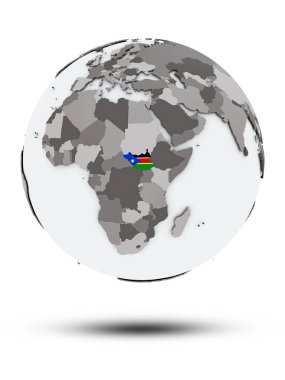 Güney Sudan bayrağı ile gölge beyaz arka plan üzerinde izole küre ile. 3D çizim.