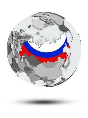 Rusya ile bayrak beyaz arka plan üzerinde izole gölge ile dünya üzerinde. 3D çizim.