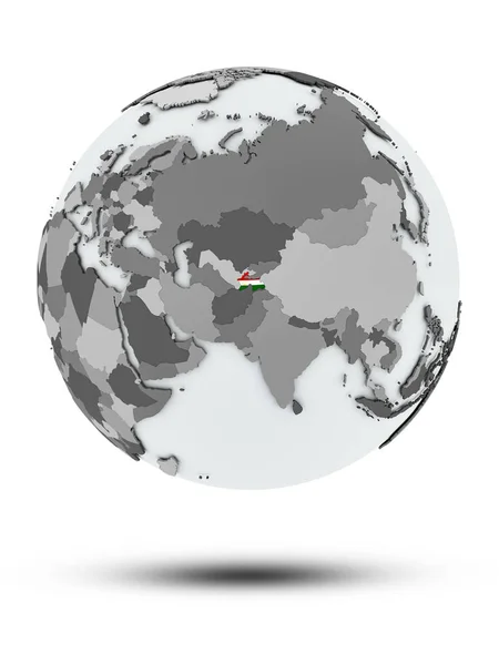 Tadzjikistan Met Vlag Wereldbol Met Schaduw Geïsoleerd Een Witte Achtergrond — Stockfoto