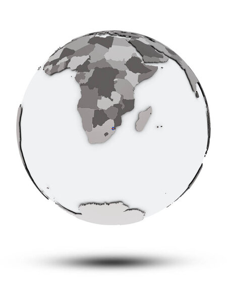 Swaziland with flag on globe with shadow isolated on white background. 3D illustration.
