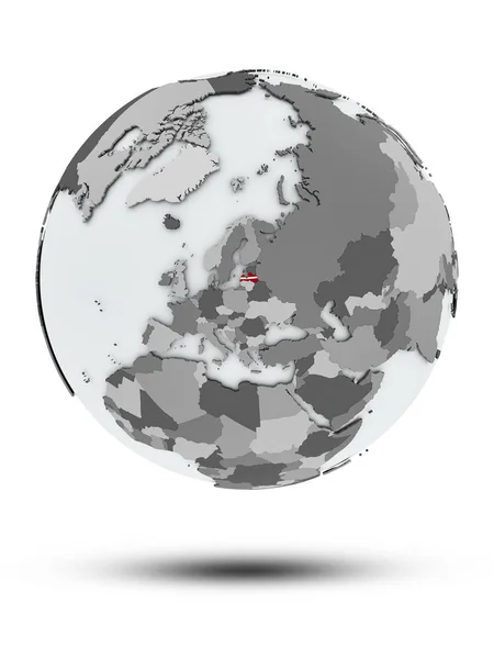 拉脱维亚国旗在地球上 阴影在白色背景下被隔离 — 图库照片
