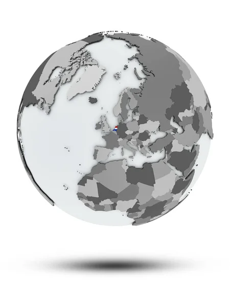 荷兰与旗子在地球上与阴影隔绝在白色背景 — 图库照片