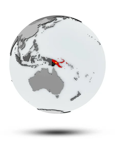Papua Nová Guinea Vlajkou Zeměkouli Stínem Izolovaných Bílém Pozadí Obrázek — Stock fotografie