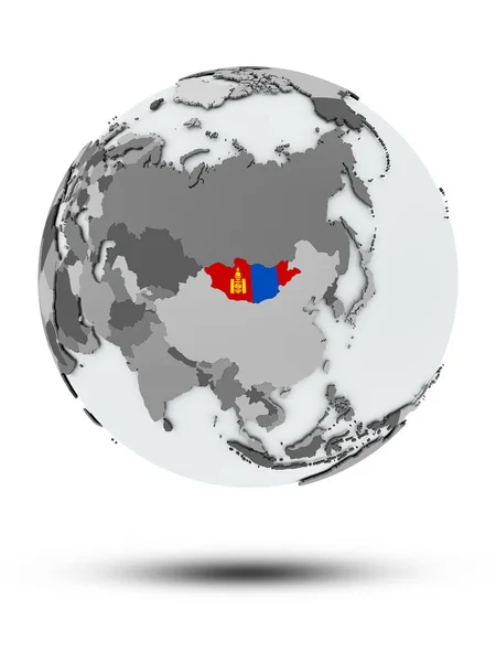 蒙古国旗在地球上 阴影在白色背景下被隔离 — 图库照片