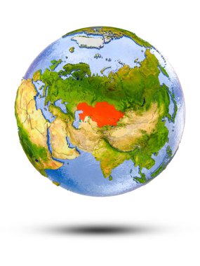 Kazakistan Beyaz arka plan üzerinde izole gölge ile dünya üzerinde. 3D çizim.