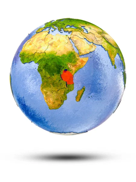 在地球上的坦桑尼亚在白色背景下被隔离的阴影 — 图库照片