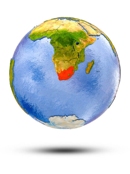 South Africa on globe with shadow isolated on white background. 3D illustration.