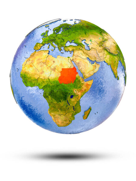 Sudan on globe with shadow isolated on white background. 3D illustration.