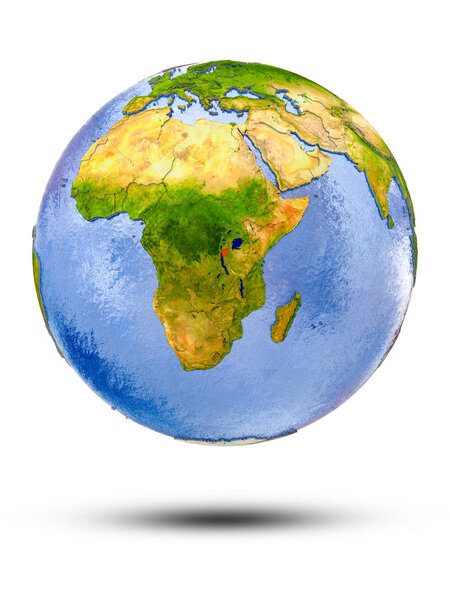 Burundi on globe with shadow isolated on white background. 3D illustration.