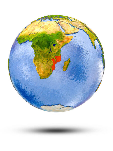 Mozambique on globe with shadow isolated on white background. 3D illustration.