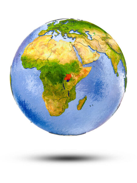 Uganda on globe with shadow isolated on white background. 3D illustration.