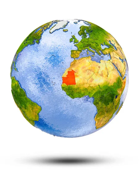 Mauritánie Zeměkouli Stínem Izolovaných Bílém Pozadí Obrázek — Stock fotografie
