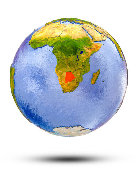 Botswana on globe with shadow isolated on white background. 3D illustration.