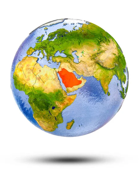 Saudi Arabien Auf Globus Mit Schatten Isoliert Auf Weißem Hintergrund — Stockfoto