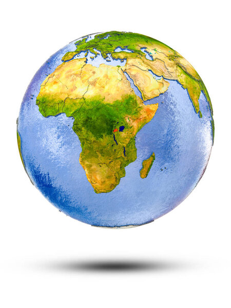 Rwanda on globe with shadow isolated on white background. 3D illustration.
