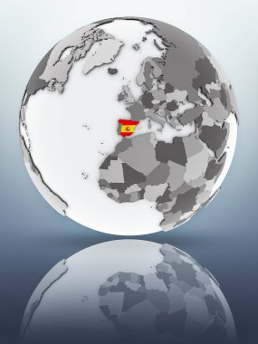 İspanya Dünya yüzeyinde yansıtan bayrağı ile. 3D çizim.