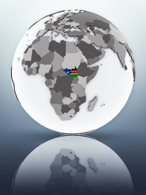 Güney Sudan bayrağı yüzeyinde yansıtan dünya üzerinde. 3D çizim.