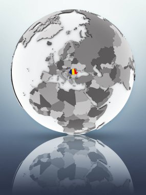 Romanya bayrağı yüzeyinde yansıtan dünya üzerinde. 3D çizim.