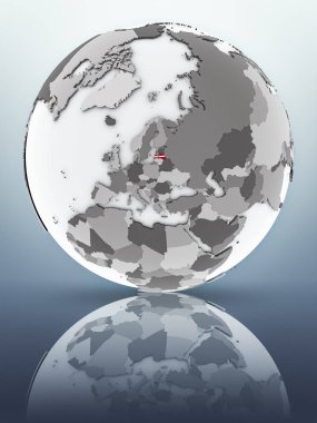 Letonya bayrağı yüzeyinde yansıtan dünya üzerinde. 3D çizim.