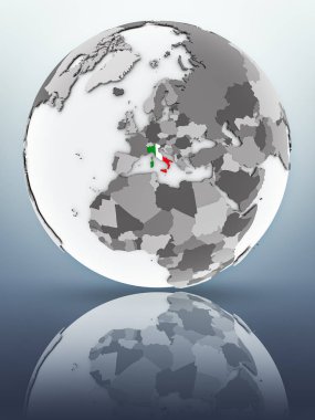 Dünya yüzeyinde yansıtan bayrağı ile İtalya. 3D çizim.