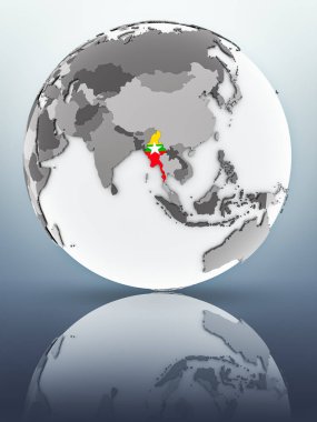 Myanmar bayrağı yüzeyinde yansıtan dünya üzerinde. 3D çizim.