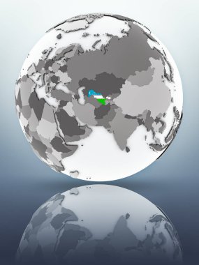 Özbekistan bayrağı yüzeyinde yansıtan dünya üzerinde. 3D çizim.