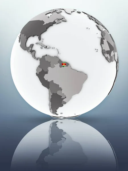Surinam Flagą Świecie Odbicia Powierzchni Ilustracja — Zdjęcie stockowe