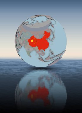 Çin Ulusal bayrağını su yüzeyi üzerinde küre ile. 3D çizim.