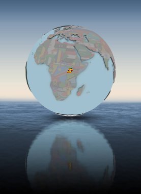 Uganda Ulusal bayrağını su yüzeyi üzerinde küre ile. 3D çizim.