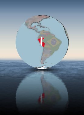 Peru ile dünya su yüzeyi üzerinde Ulusal bayrağını. 3D çizim.