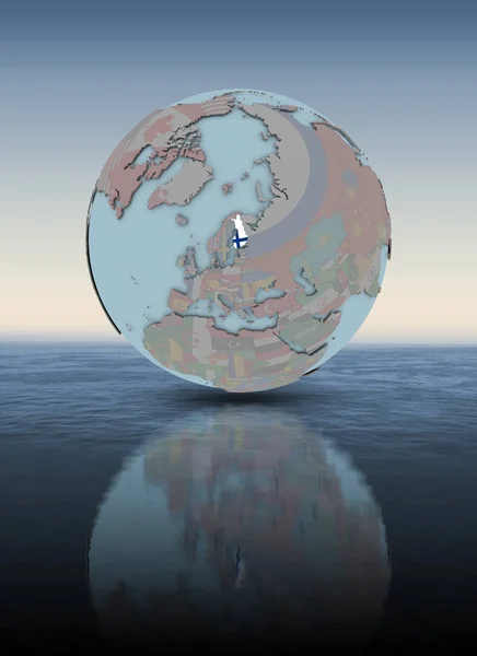 Finnland Mit Nationalflagge Auf Dem Globus Über Der Wasseroberfläche Illustration — Stockfoto