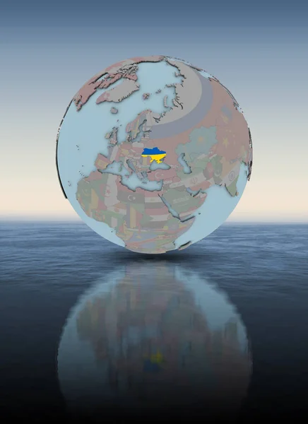 Ukraine Mit Nationalflagge Auf Dem Globus Über Der Wasseroberfläche Illustration — Stockfoto