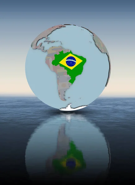 Brasile Con Bandiera Nazionale Sul Globo Sopra Superficie Dell Acqua — Foto Stock