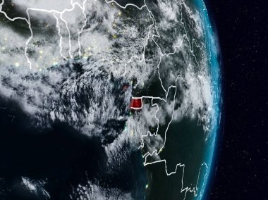 Ekvator Ginesi Planet Earth görünür ülke sınırları ile gece uzaydan. 3D çizim. Nasa tarafından döşenmiş bu görüntü unsurları.