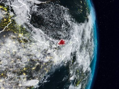 Bhutan Planet Earth görünür ülke sınırları ile gece uzaydan. 3D çizim. Nasa tarafından döşenmiş bu görüntü unsurları.