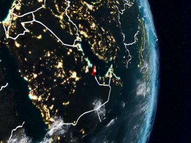 Planet Earth görünür ülke sınırları ile gece uzaydan katar. 3D çizim. Nasa tarafından döşenmiş bu görüntü unsurları.