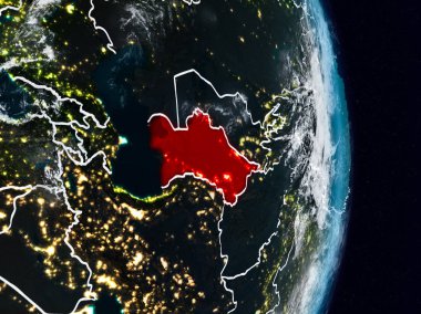 Türkmenistan Planet Earth görünür ülke sınırları ile gece uzaydan. 3D çizim. Nasa tarafından döşenmiş bu görüntü unsurları.